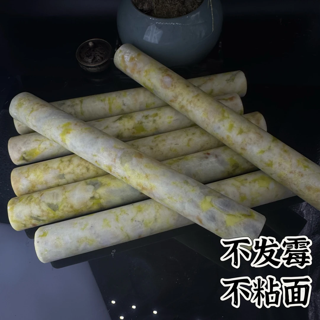 天然岫玉擀面杖蛇纹石家用不粘面饺子皮擀面棒尺寸22×2.6CM