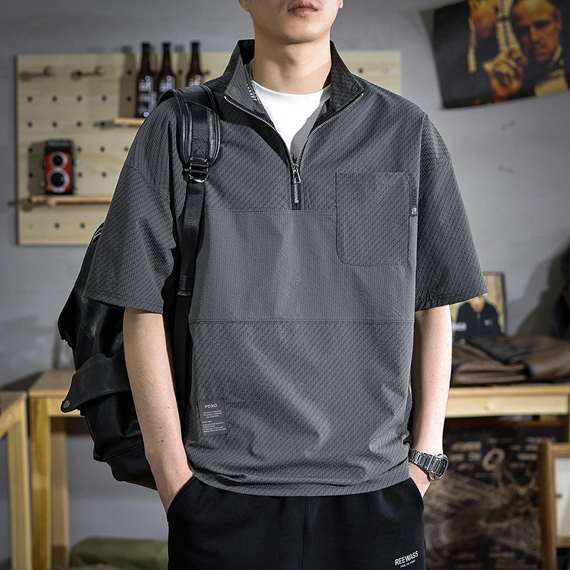 aoyu/遨宇2025夏季复古肌理感短袖POLO衫男宽松美式半袖保罗衫薄