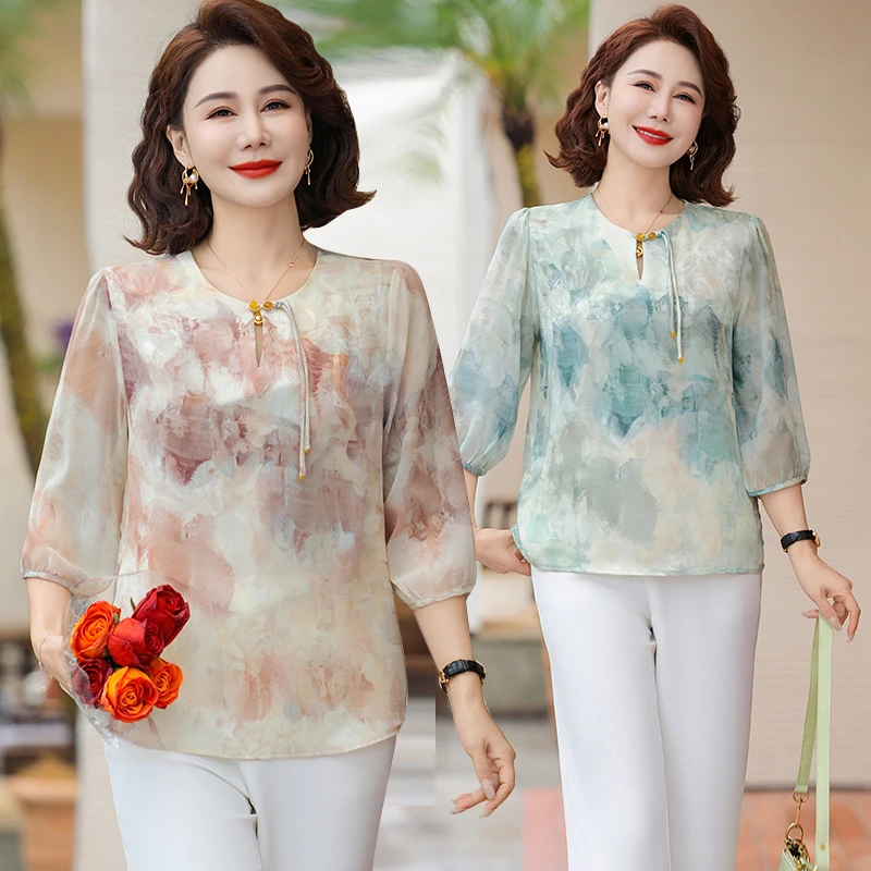 妈夏装衬衫女短袖宽松洋气雪纺上衣老年人夏天衬衣妈妈夏季小衫