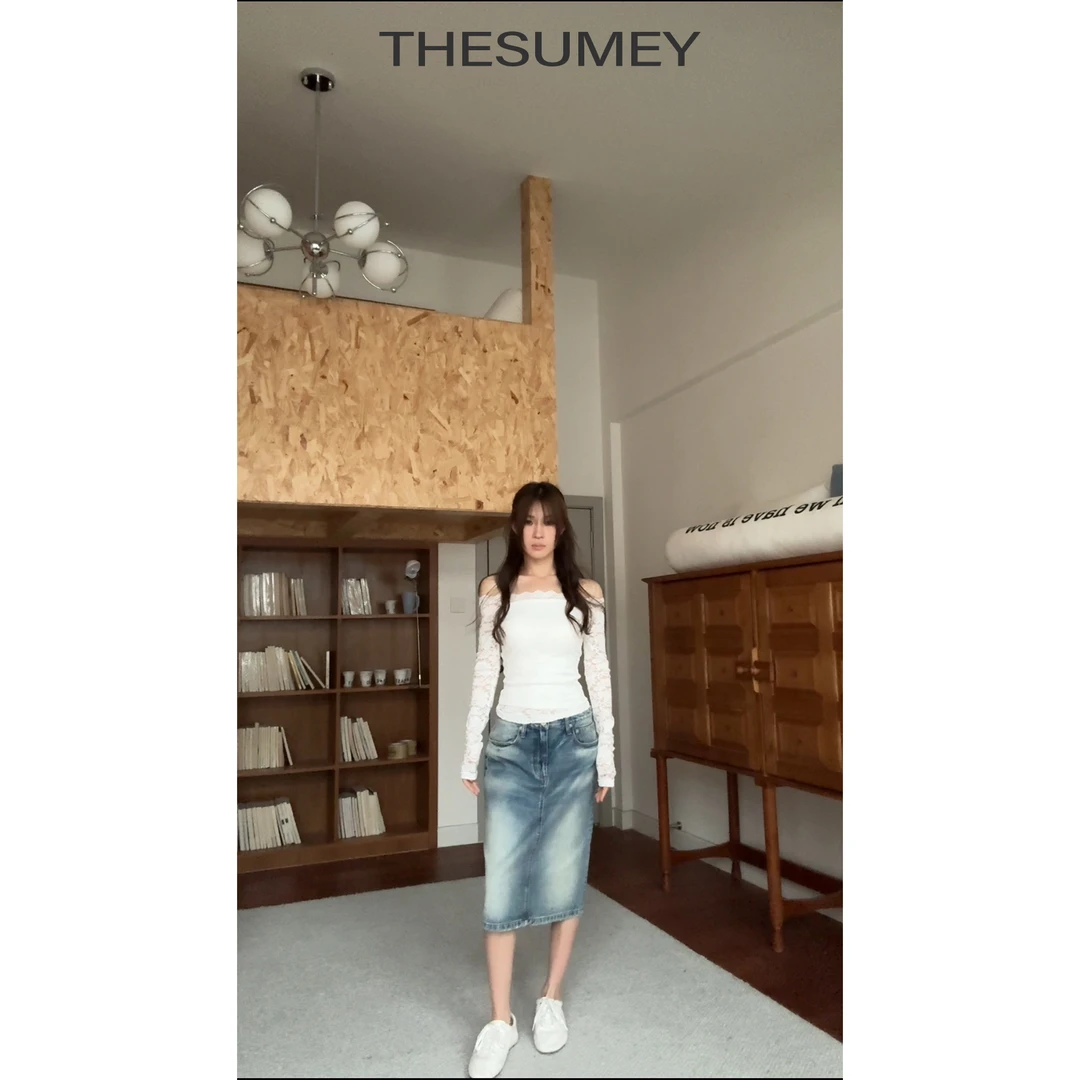 THESUMEY复古洗水牛仔半身裙女2025春季新款收腰显瘦中长a字裙子