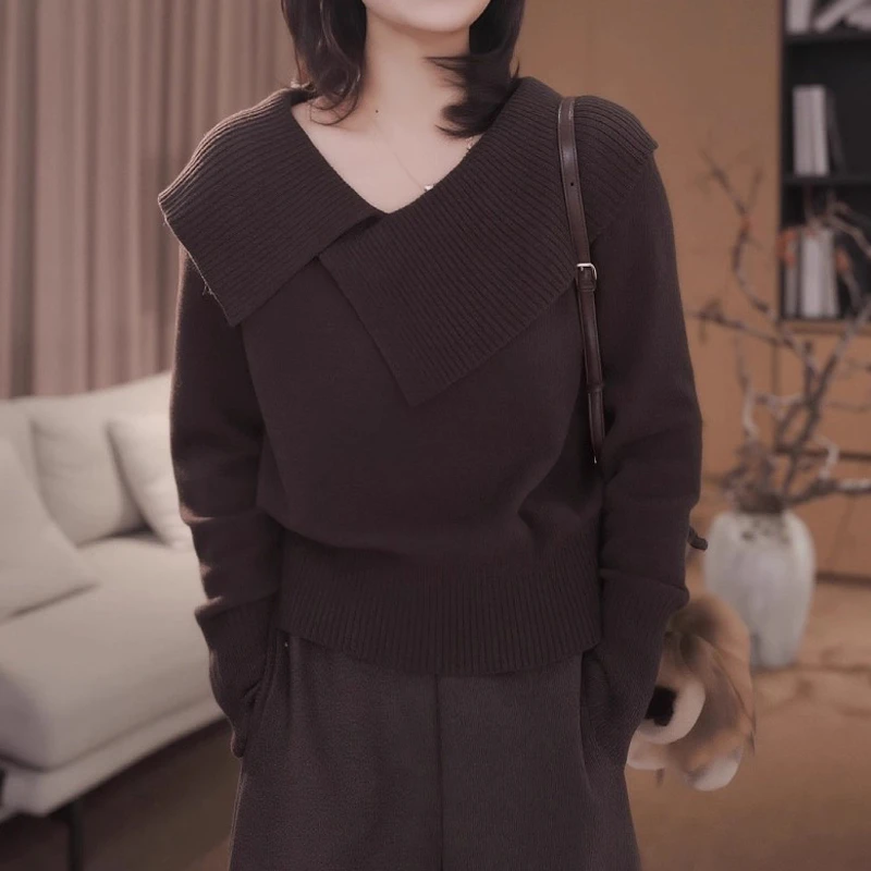 法式复古翻领毛衣针织衫秋冬新款胖MM大码女装显瘦巨好看轻熟上衣