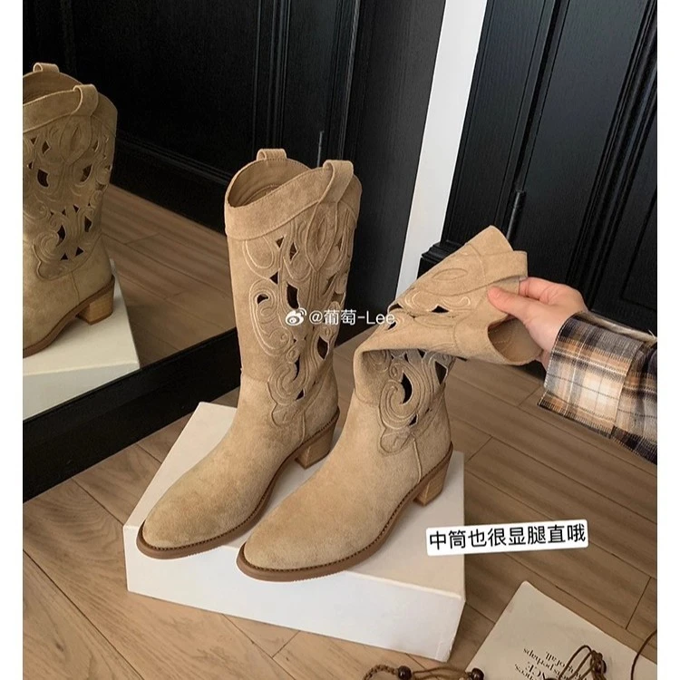 同款两个版本~辣妹尖头镂空刺绣中筒粗跟西部靴女秋冬真皮短靴