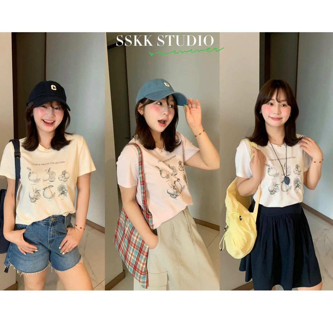 KMZY/KMZY山_山【夏日甜点】微胖韩式复古水果印花宽松圆领短袖T恤