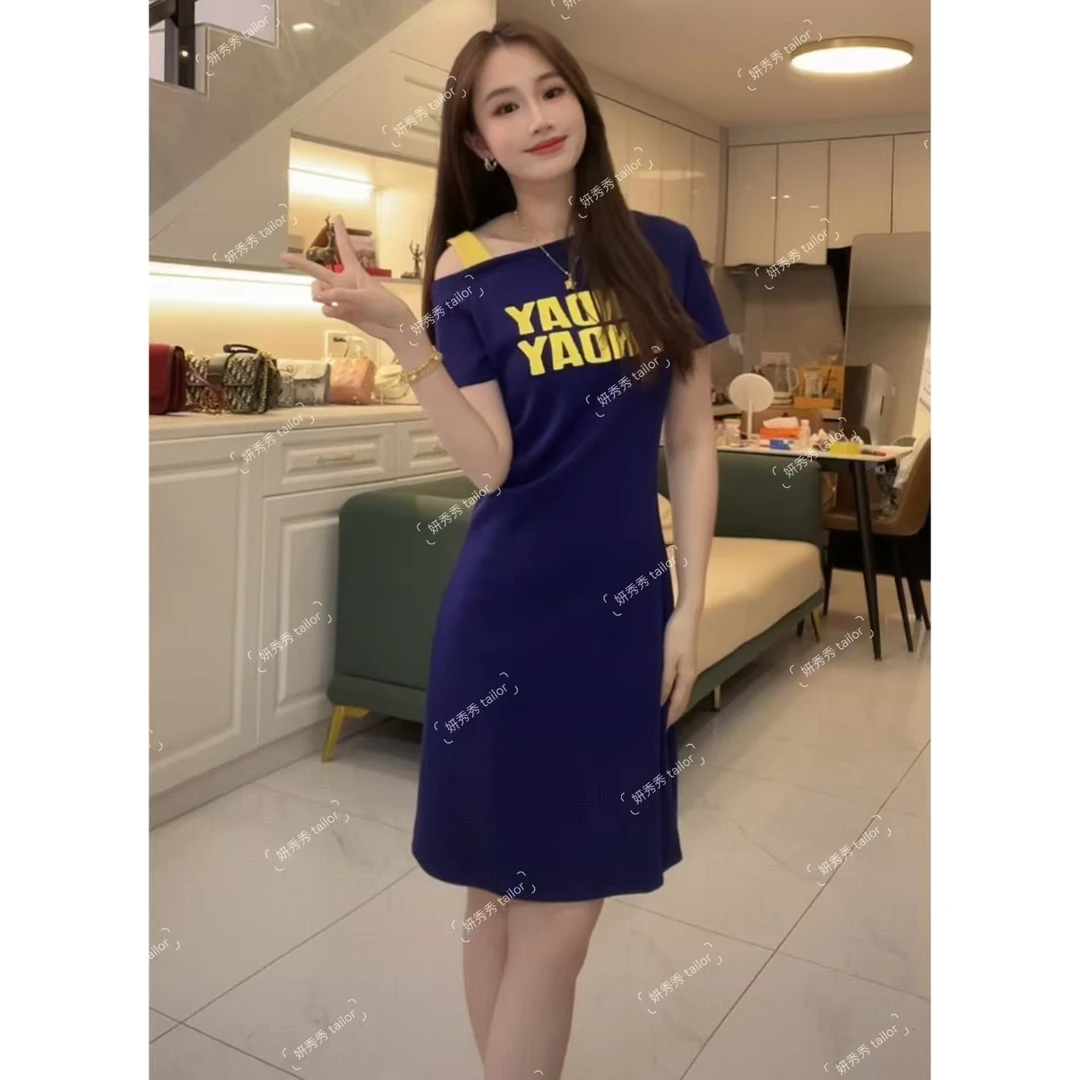 套头拼接气质短袖女装休闲印花字母夏季连衣裙显瘦