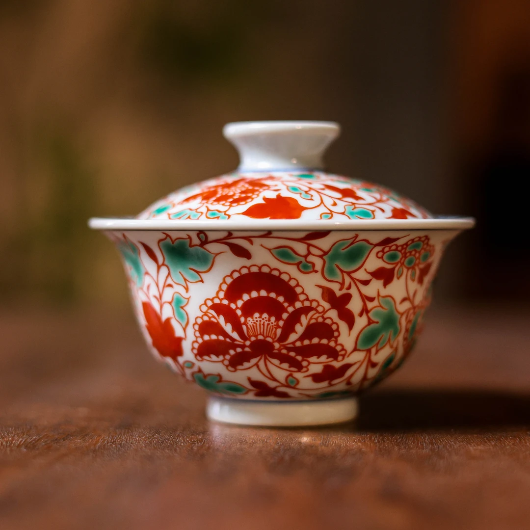 【网瓷专属】 红绿彩缠枝牡丹两才盖碗(翁宿底款)（翁宿S0194）