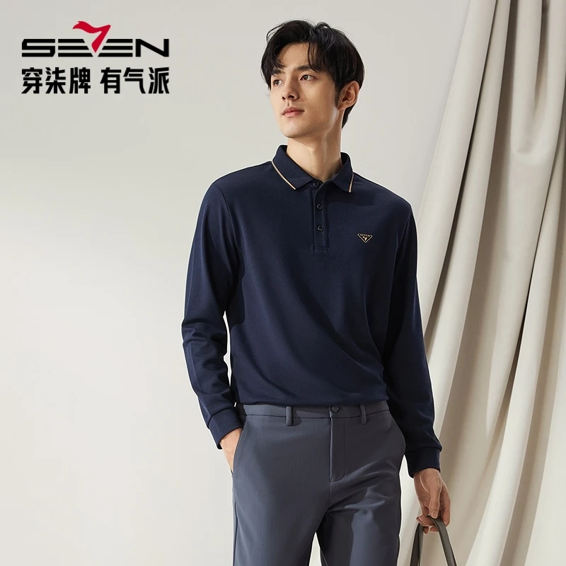 【高端老钱系列】柒牌25秋冬新款男士polo衫长袖含桑蚕丝翻领流光风