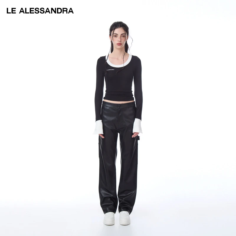 品牌直营 LE ALESSANDRA 黑白赫本大汤勺领撞色长袖高弹T打底内搭