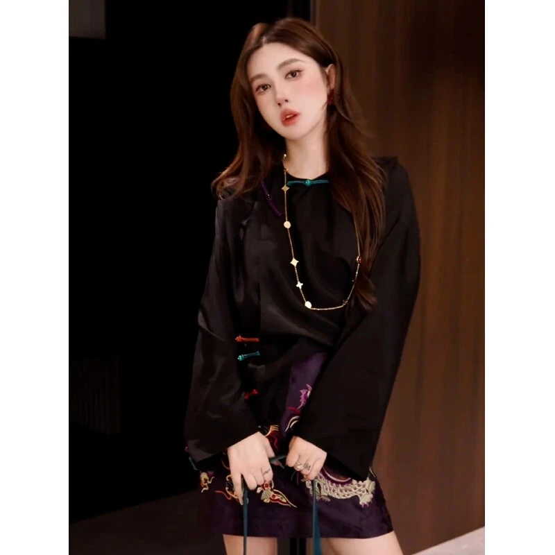 2025早秋洋气减龄独特超好看上衣新中式禅意轻国风盘扣黑色衬衫女