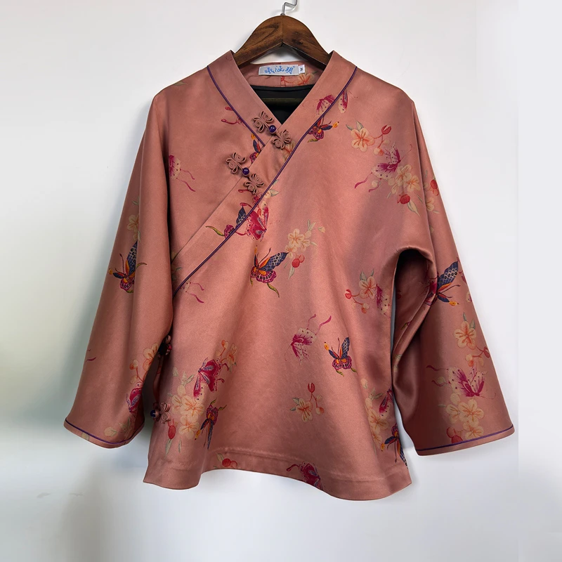 豆豆定制*戏蝶*重磅缎面真丝香云纱复古汉服领上衣长袖2025