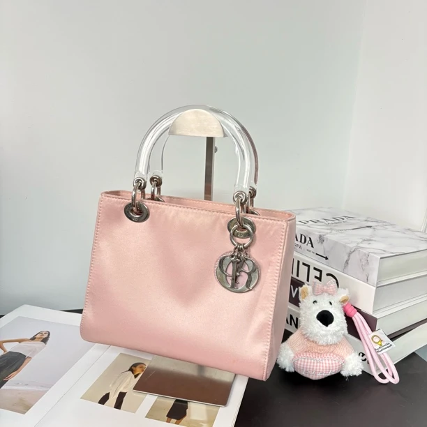 95新 DIOR/迪奥 粉色缎面五格戴妃手提包gg