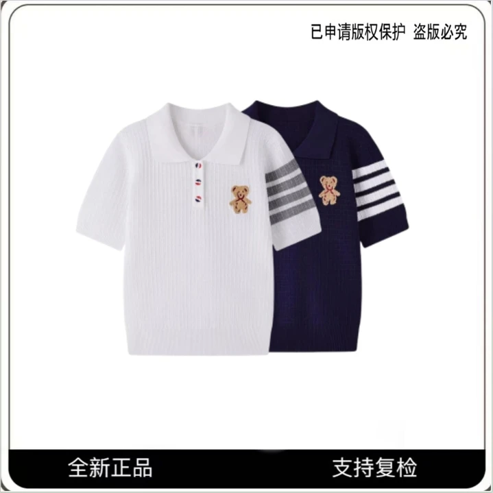 小熊刺绣格纹翻领修身显瘦四杠针织短袖上衣女潮X126