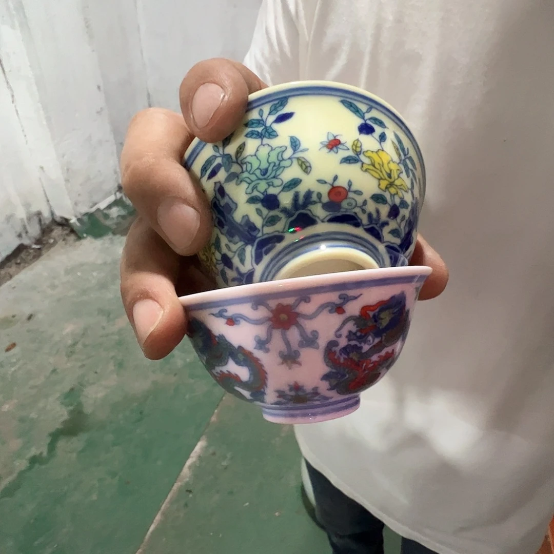 瓷片景德镇陶瓷花卉和团龙杯