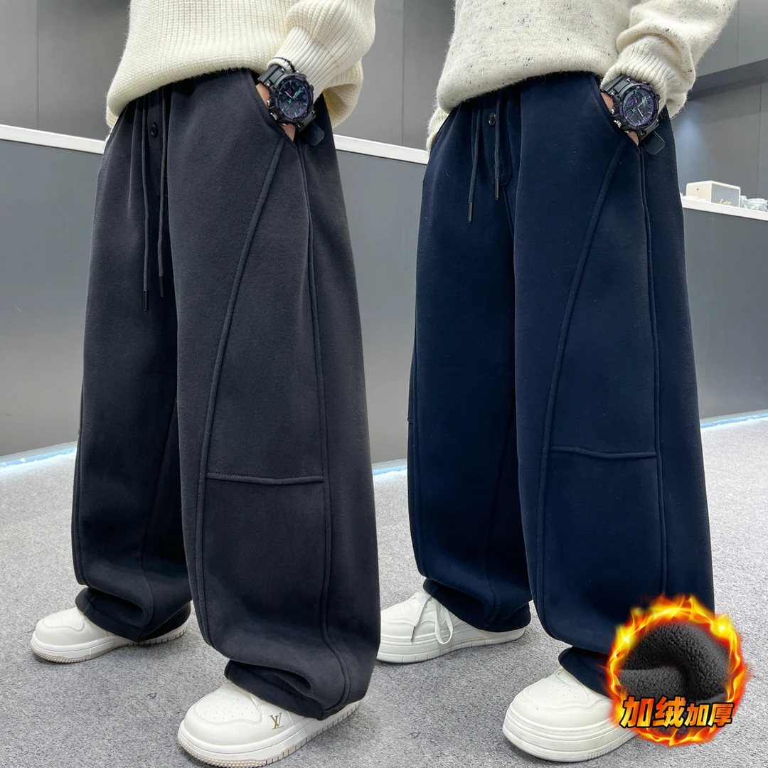 男童冬装直筒加绒裤子2025新款儿童秋冬厚款一体绒休闲裤男孩针织