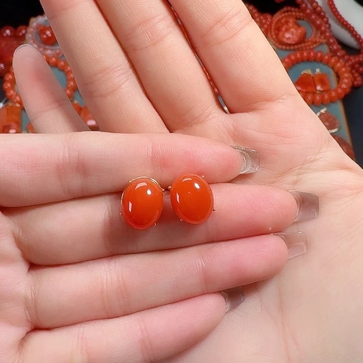 南红玛瑙银S925镶嵌顶货耳饰