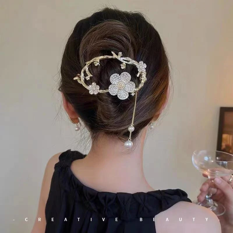 古风花环流苏珍珠发夹女后脑勺盘发抓夹高级感扭扭夹发卡夏季新款