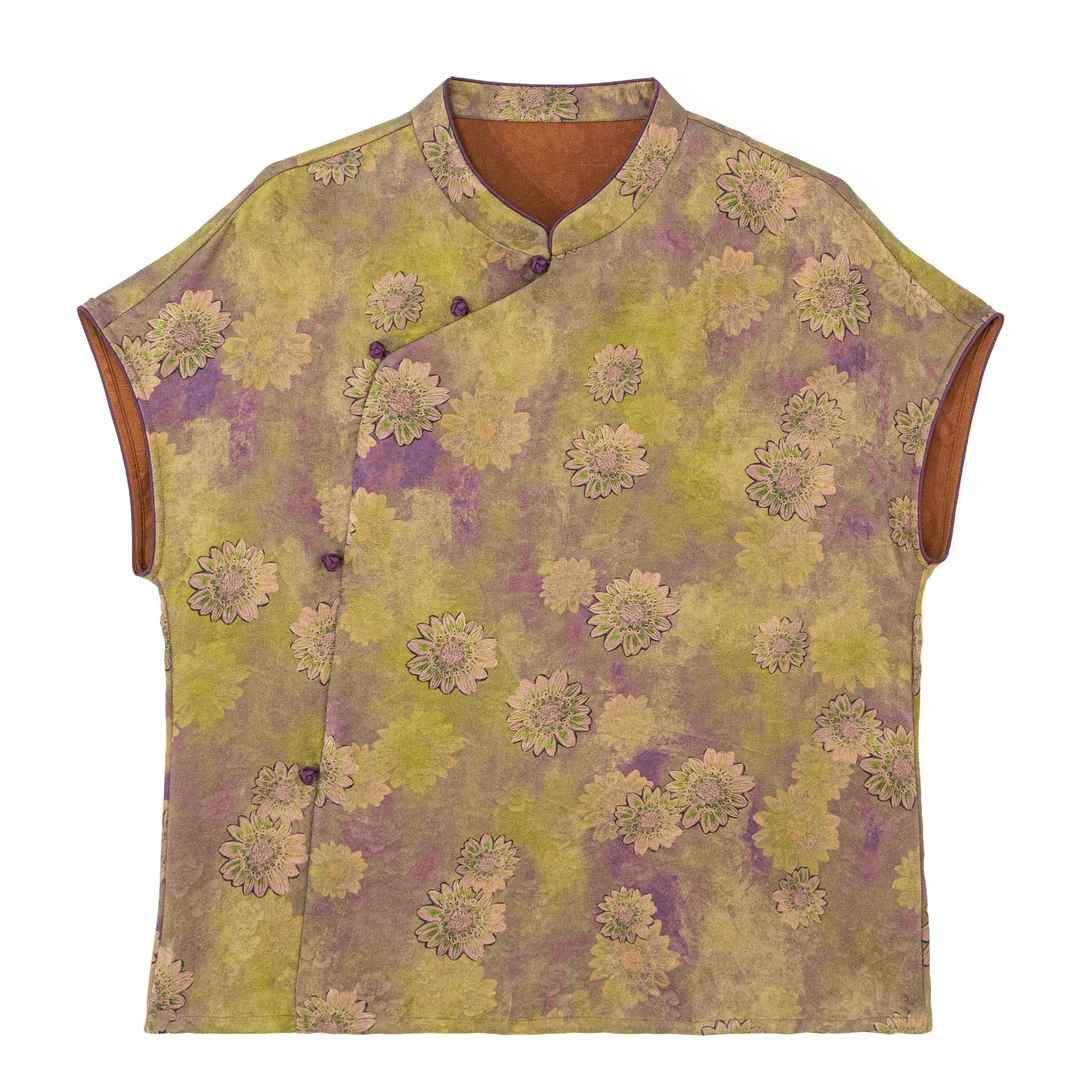 【花影】夏季桑蚕丝斜襟背心薄款短袖无袖夏季国风印花上衣25135