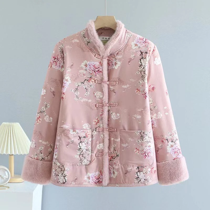 【年终福利】女款新中式国风盘扣加绒加厚立领花棉袄#24026