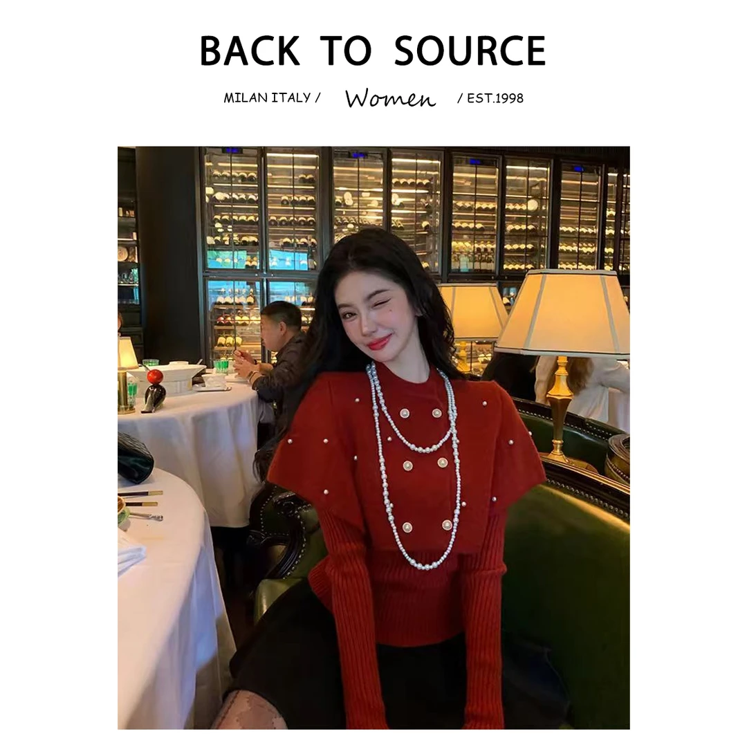 百亿【倾城红梅】法式双排扣斗蓬毛织衫新款百搭显瘦保暖上衣套装
