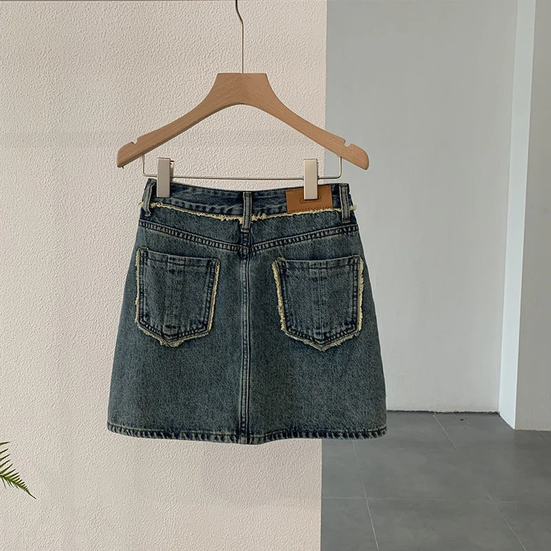 复古毛边牛仔半身裙女2024夏季新款设计感高腰宽松显瘦包臀短裙潮