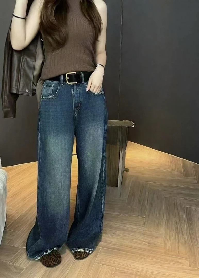 复古蓝磨破阔腿牛仔裤女秋季新款高腰显瘦宽松休闲直筒拖地裤8832
