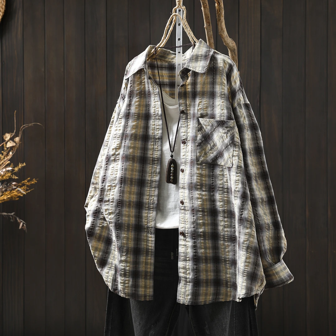 衬衫上衣女2025新款早秋季纯棉格子复古文艺宽松百搭气质长袖衬衣
