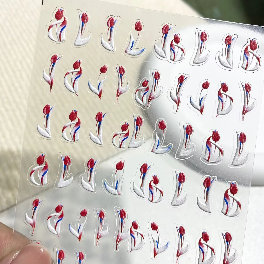 复古早春红色郁金香浮雕美甲贴纸立体防水背胶指甲diy装饰贴花
