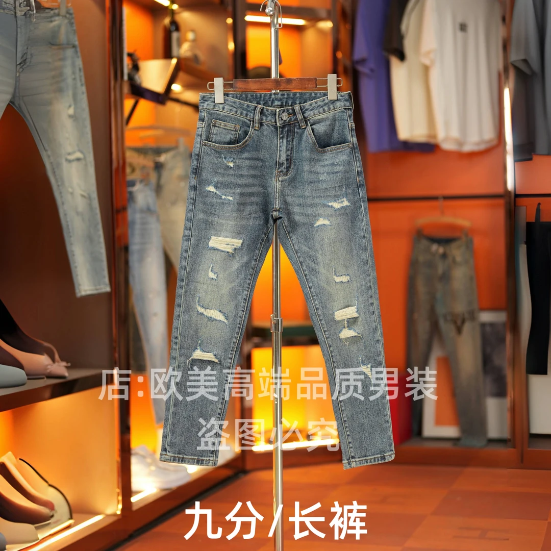 九分裤男士秋冬新款高端原创欧货复古牛仔裤破洞修身小脚弹力个性