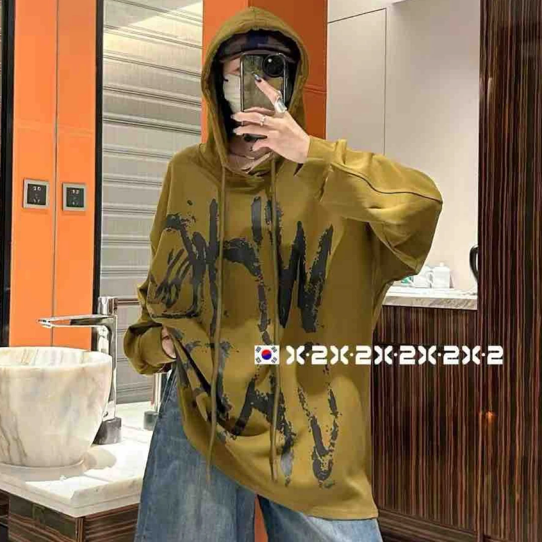 秋季涂鸦字母中长款卫衣时尚连帽套头圆领卡通动漫情侣上衣长袖