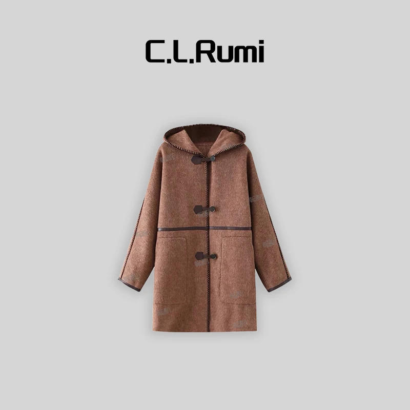 【Rumi女装】“布拉格”时尚百搭宽松连帽双面呢保暖大衣6480wt