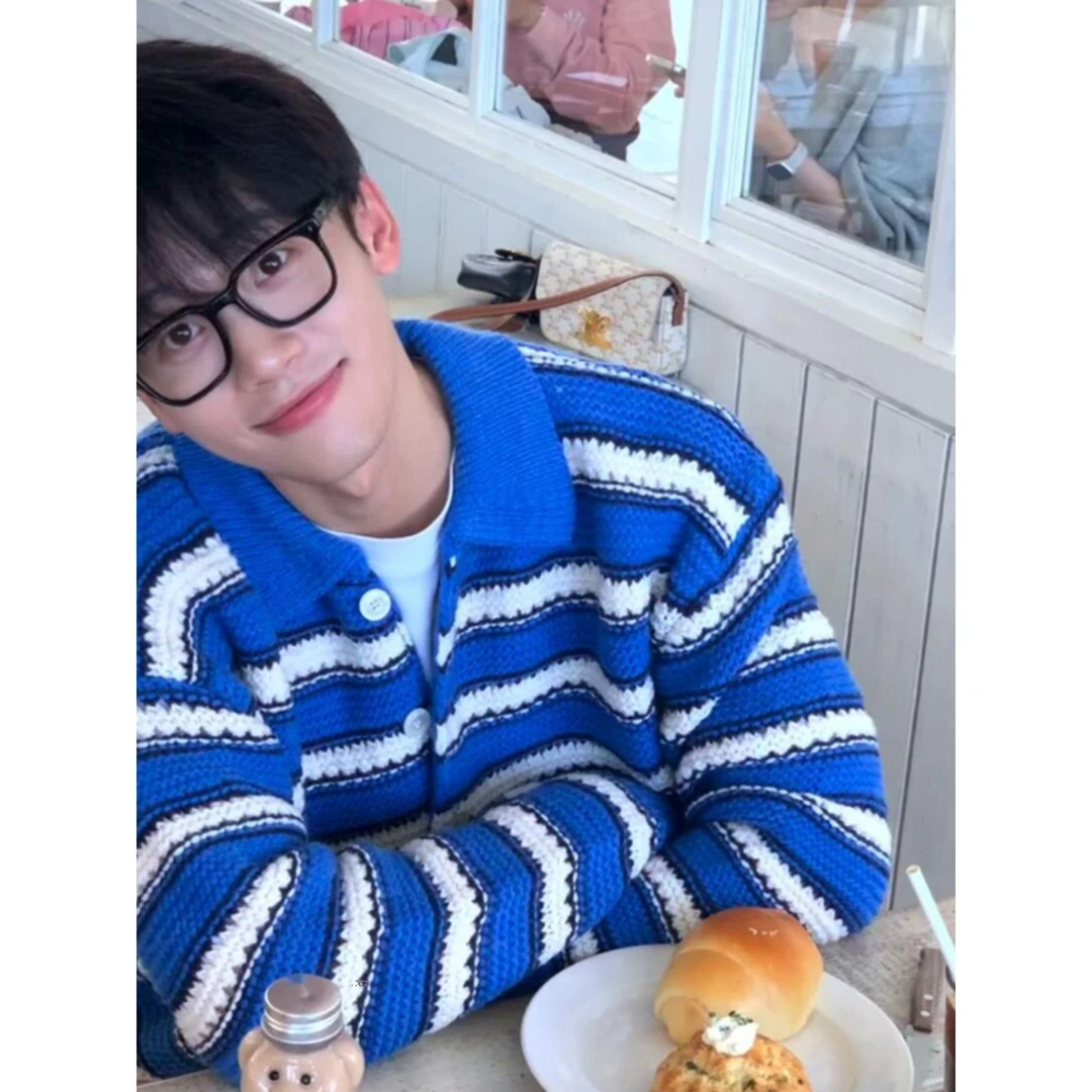 蓝色条纹翻领撞色毛衣外套男女美式慵懒风宽松开衫正肩软糯针织衫