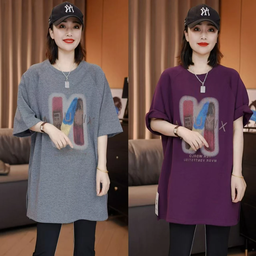 洋气N字母印花开叉短袖T恤休闲夏装大码显瘦夏季宽松韩版百搭