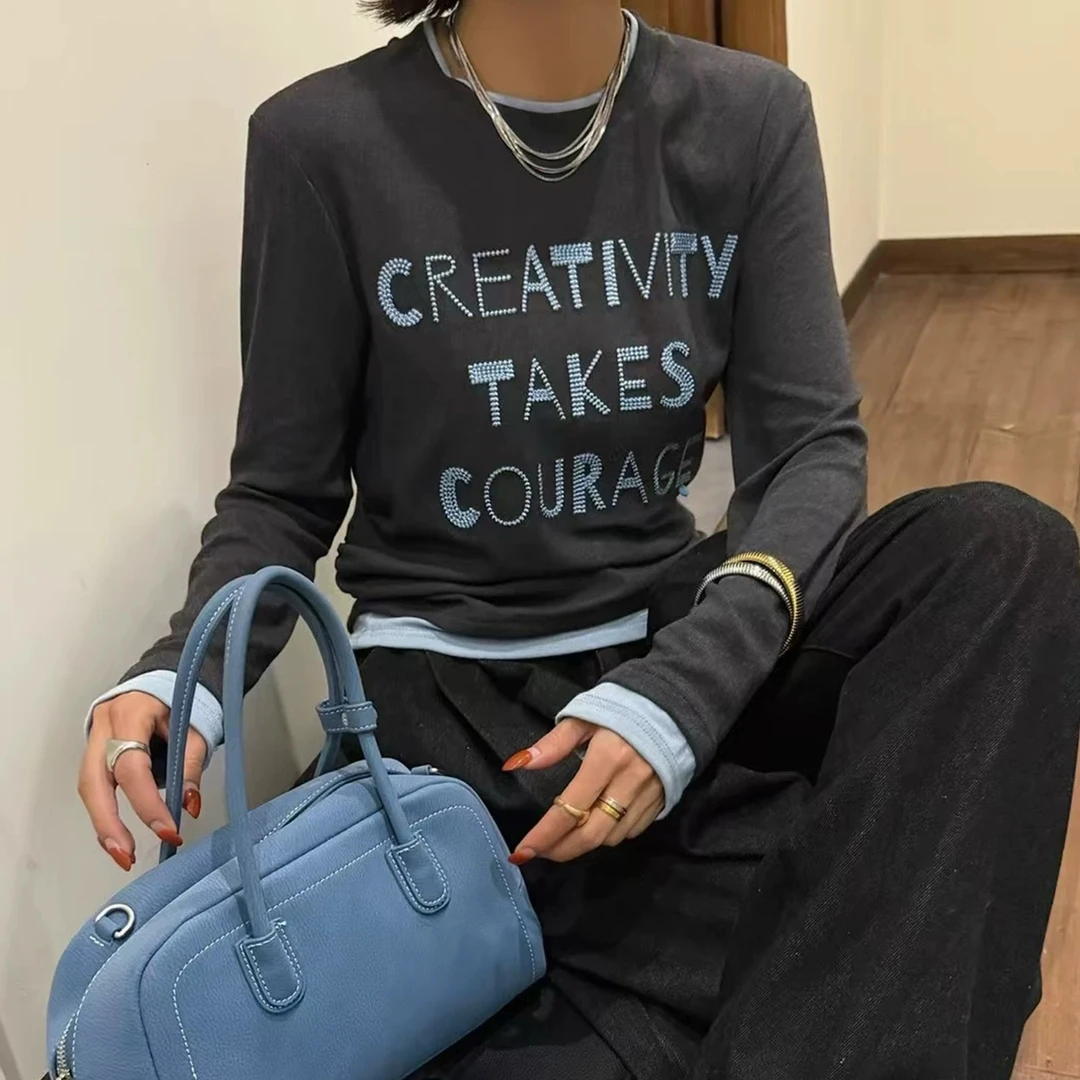 【重工撞色刺绣】2025早秋新款字母设计长袖T恤女修身显瘦百搭上衣