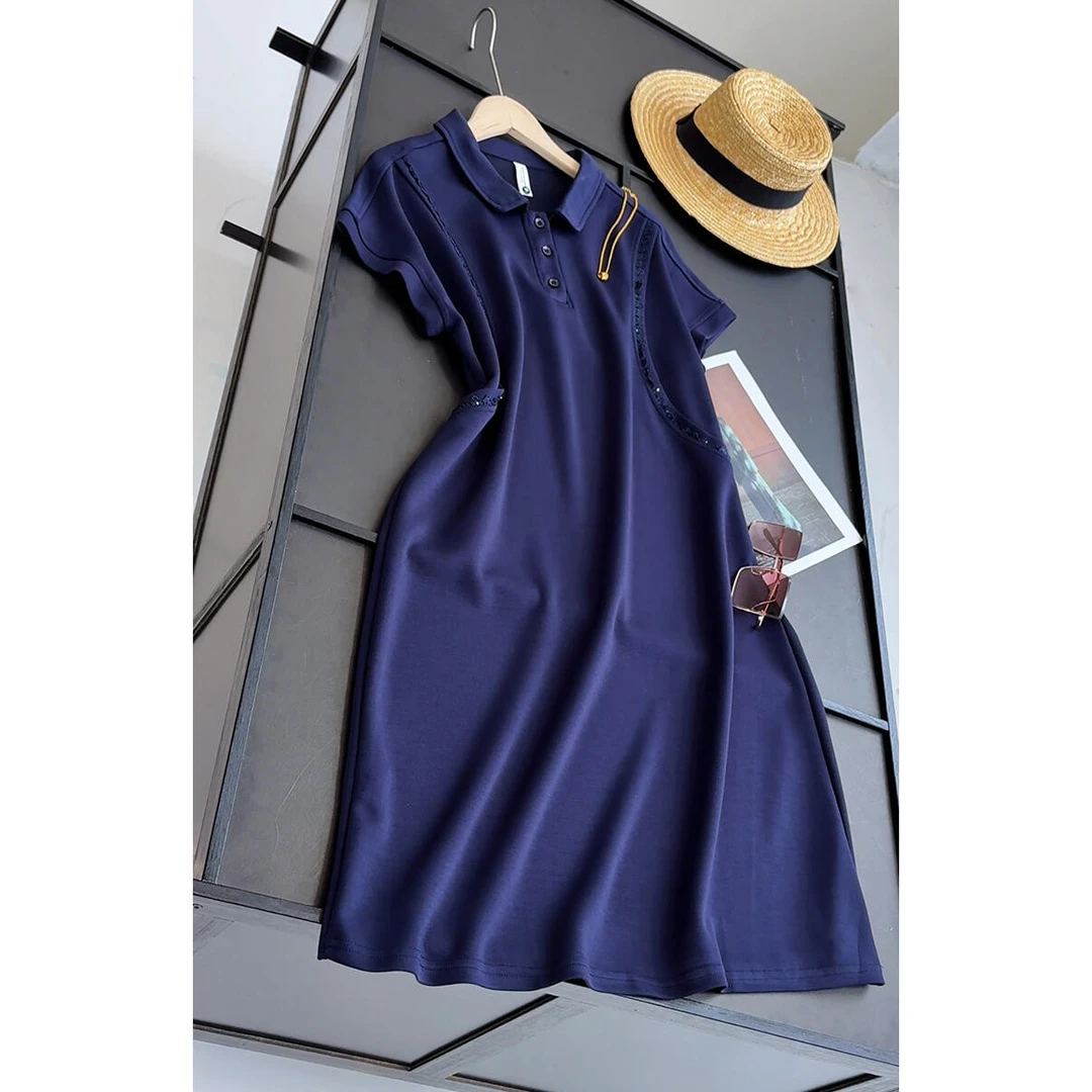 夏季欧货宽松短袖翻领蕾丝边连衣裙女显瘦遮肉慵懒风中长款裙子