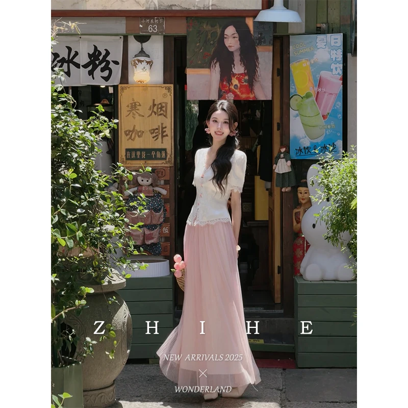 无艳一禾【甜花酪】静奢优雅温柔风人丝提花蕾丝装饰收腰上衣+纱裙