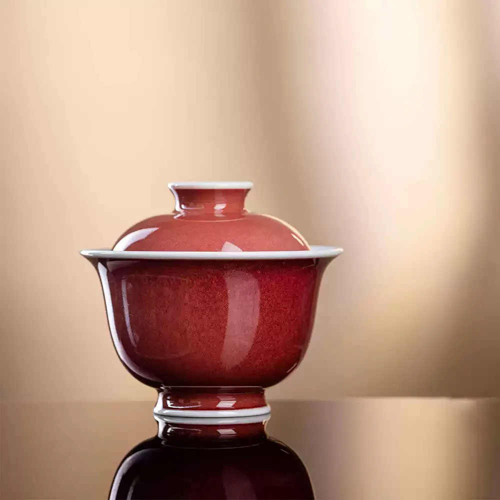 养云大红袍原矿单色釉豇豆红二才女盖碗茶器75ml