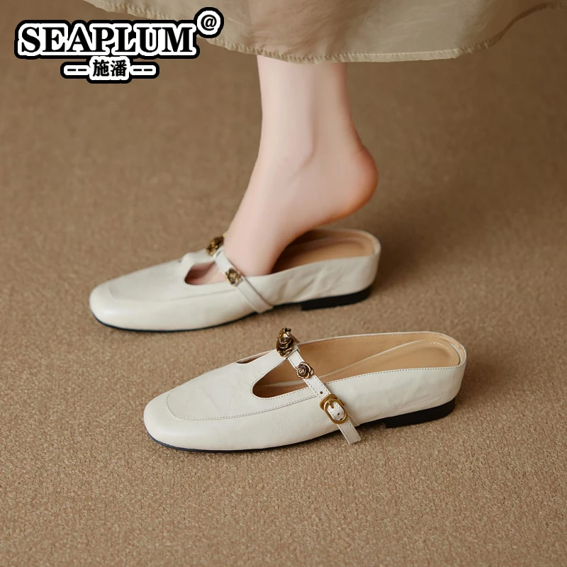 SEAPLUM强推自留～！真皮立体山茶花扣玛丽珍凉鞋内增高鞋子半拖