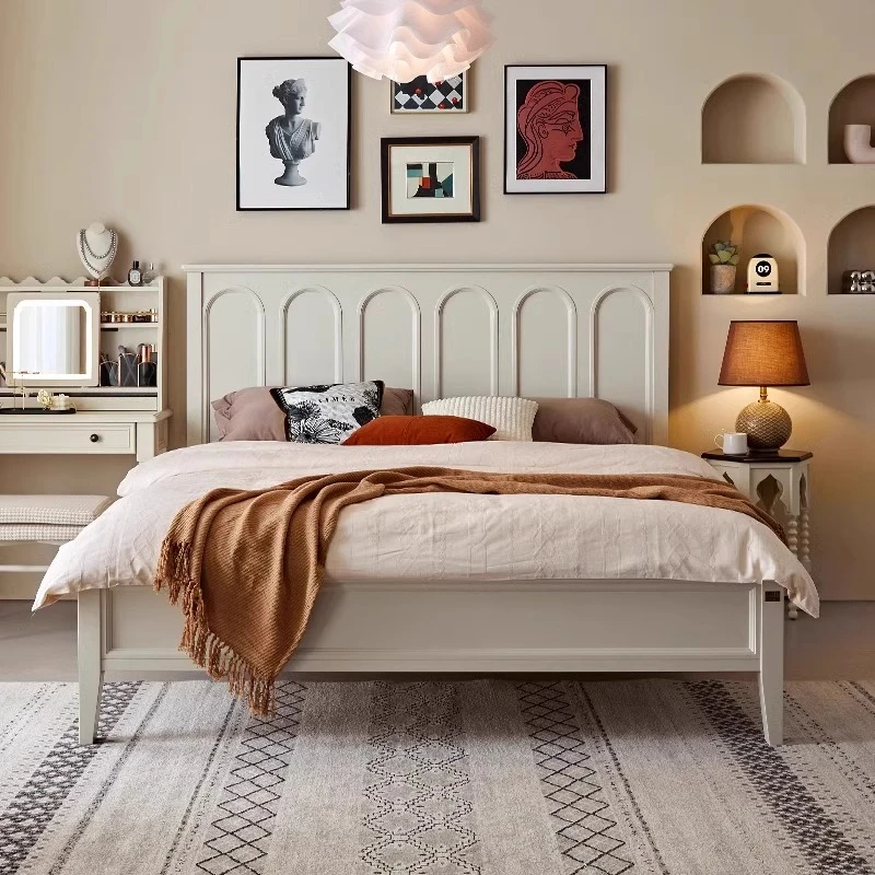 法式奶油风实木床1.8米平头大床现代简奢1.5米白色高靠背双人婚床
