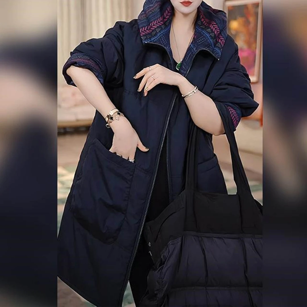 时尚轻奢气质复古连帽棉服女2026冬季新款加厚保暖中长款棉衣外套