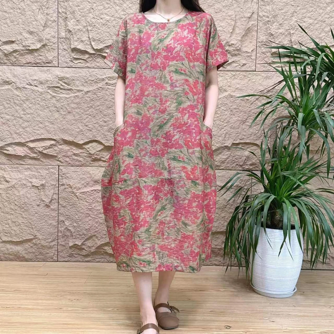 029均码新款单排扣口袋款A字版印花长款大摆连衣裙时尚文艺复古