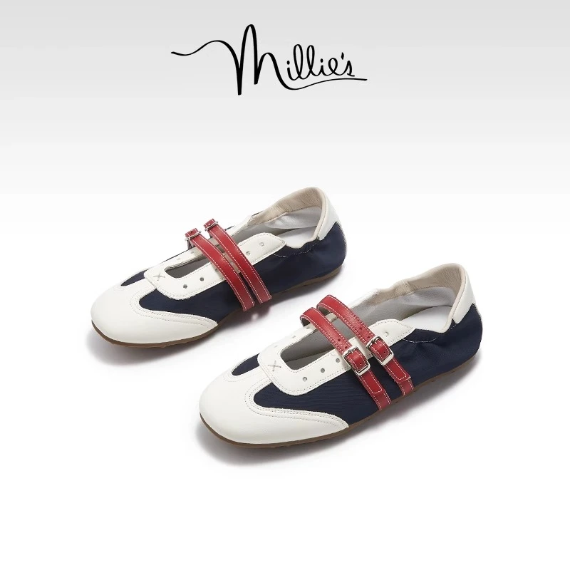 MILLIE'S/妙丽圆头平底复古撞色拼接高级设计感时尚休闲德训鞋女Z