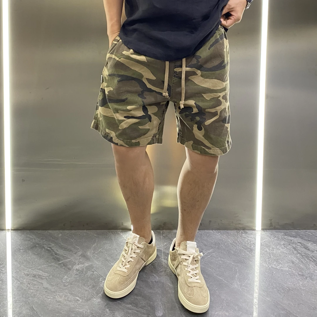 夏季迷彩水洗纯棉美式休闲四分半短裤百搭痞帅薄款松紧腰短裤男