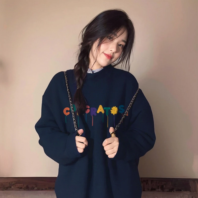 圆领卫衣女加绒加厚秋冬韩系宽松学生新款无帽春秋中长款百搭上衣