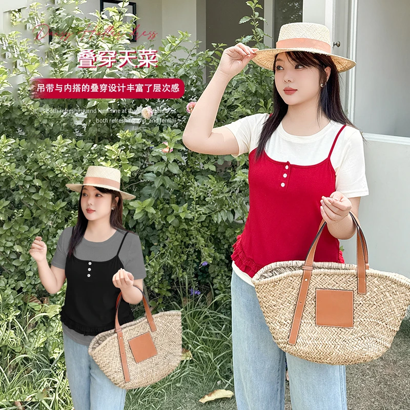 甜妹木耳边吊带背心短袖T恤两件套2025夏季新款叠穿套装142173