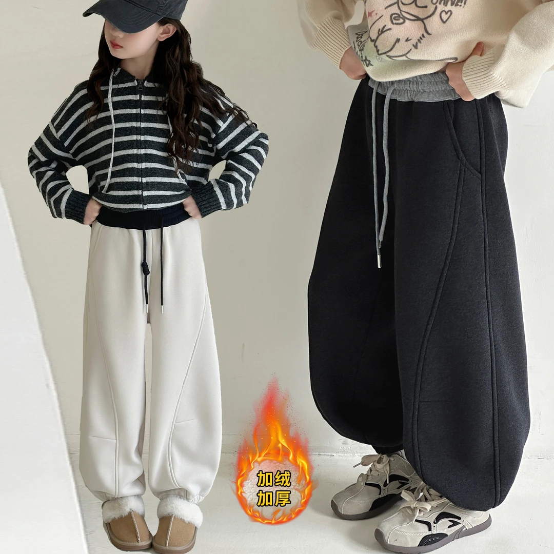 女童加绒裤子2025新款秋冬洋气时髦中大童韩版加厚保暖拼接休闲裤