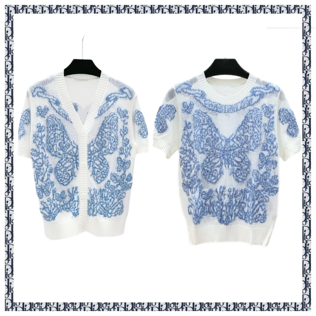 FD025 ddd 蓝色蝴蝶图案短袖上衣女