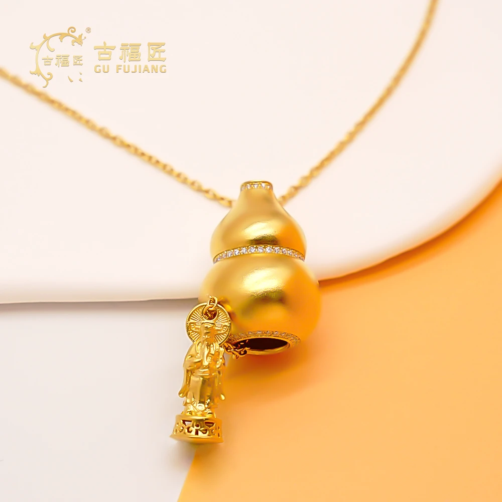 古福匠黄金足金莫桑点钻抽拉财神葫芦套链金链子
