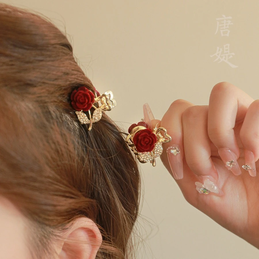 精致满钻玫瑰花抓夹小号超仙发夹女前额碎发网红刘海夹高级感头饰