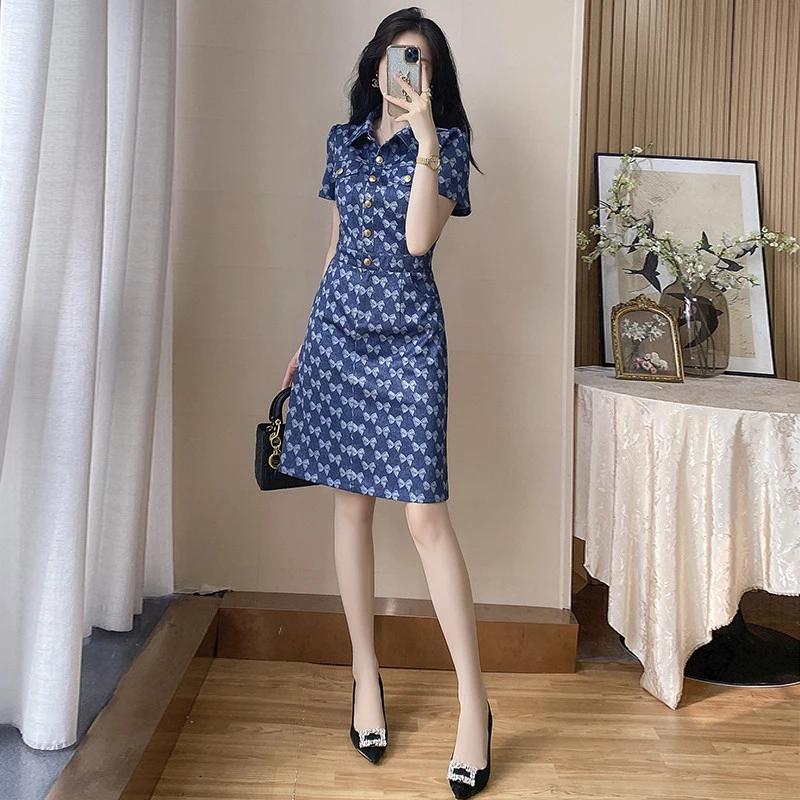 蓝色修身牛仔裙25夏季新款时尚气质复古连衣裙收腰显瘦遮肚a字裙