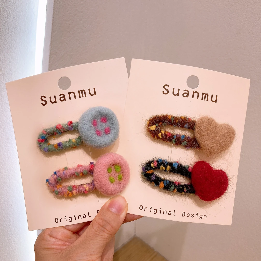 新款纽扣小号羊毛毡爱心儿童发夹彩色毛绒bb夹可爱宝宝刘海夹边夹