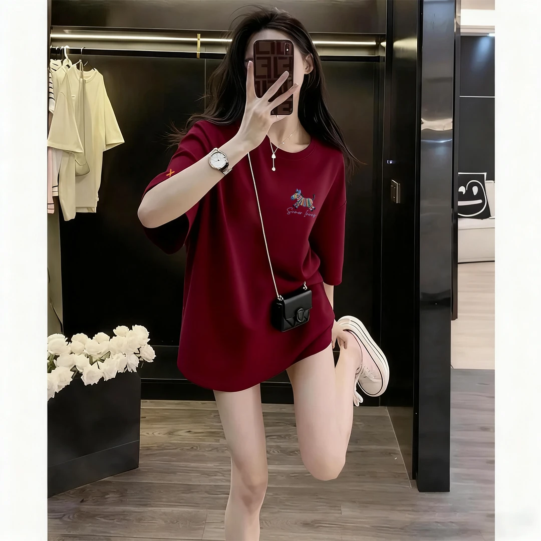 仿刺绣卡通彩色小马印花大码显瘦洋气百搭宽松时尚减龄短袖t恤衣